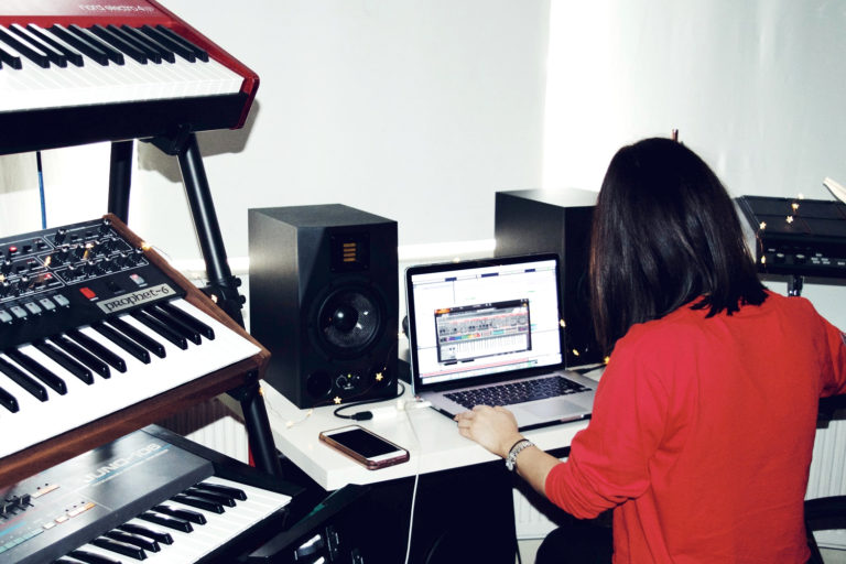 Raphaella Mazaheri in her London based Koochulu studio with ADAM Audio A7X monitors and a Sub10 MK2